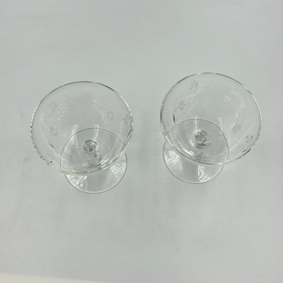 Vintage Clear Etched Champagne Wine Glasses Floral Flower Set 2 MCM Midcentury - Picture 9 of 12